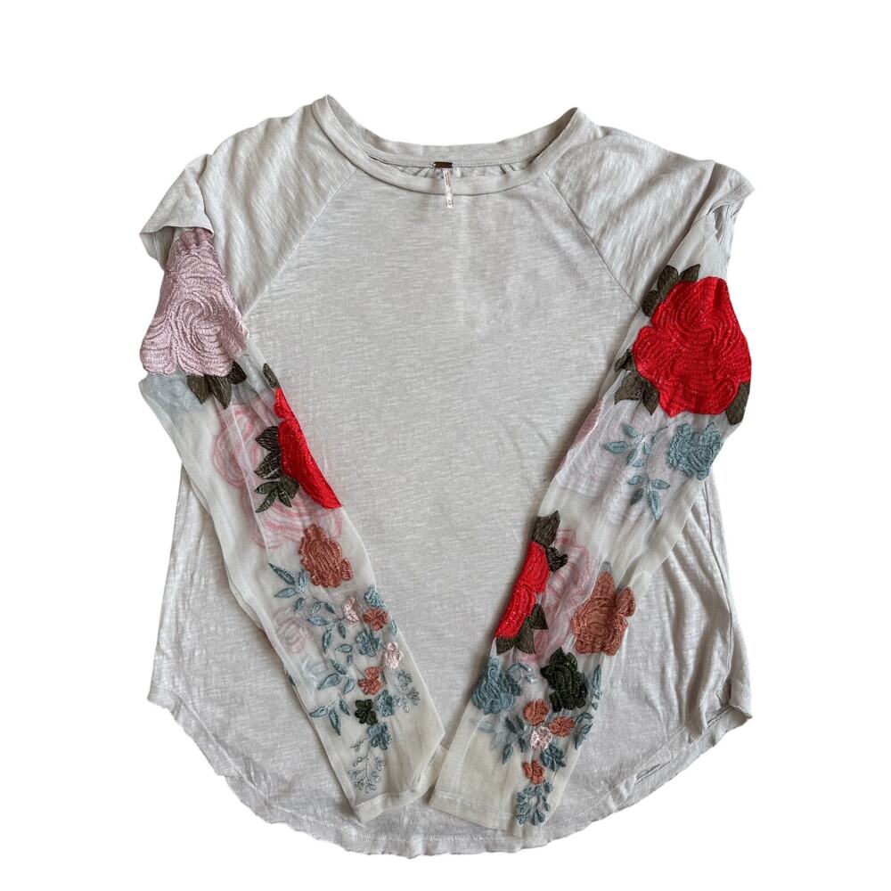 Free People Embroidered Mesh Sleeve Tee Boho Romantic Floral Top Size Medium - Picture 4 of 14